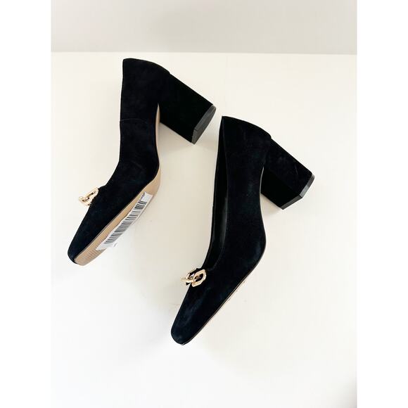 NWOB Ann Taylor Chain High Block Heel Suede Pumps Gold  6.5 - Picture 5 of 7